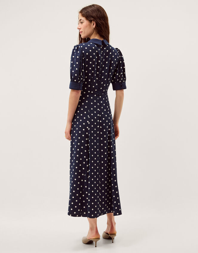 Kate Puff Sleeve Polka Dot Midi Dress Blue
