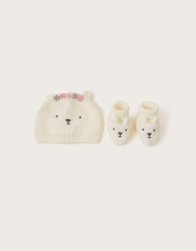 Newborn Bear Embroidered Hat and Booties Set, , large