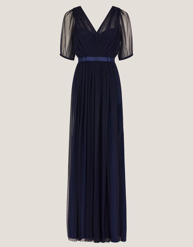 Ellie Sheer Sleeve Plunge Tulle Maxi Dress, Blue (NAVY), large