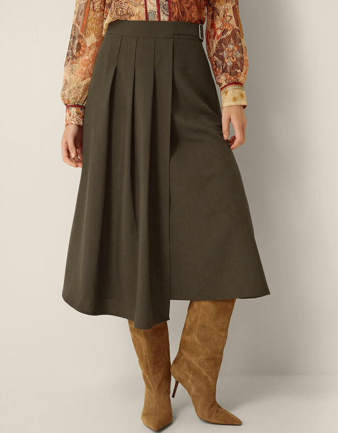 Jillian Kilt Midi Skirt, Green (KHAKI), large