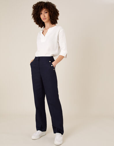 Smart Shorter Length Trousers in Linen Blend Blue, Blue (NAVY), large