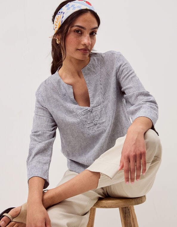 Alexis Stripe Linen-Blend Top, Blue (NAVY), large