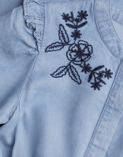 Floral Embroidered Chambray Jumpsuit, Blue (BLUE), large