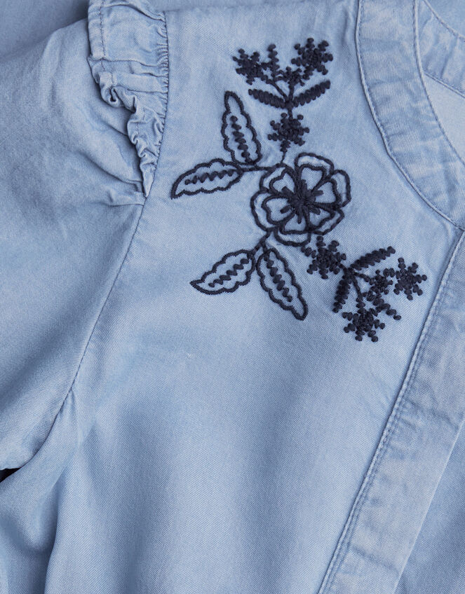 Floral Embroidered Chambray Jumpsuit, Blue (BLUE), large