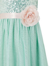 Sara Sequin Dress with Corsage Belt, Teal (DUCK EGG), large