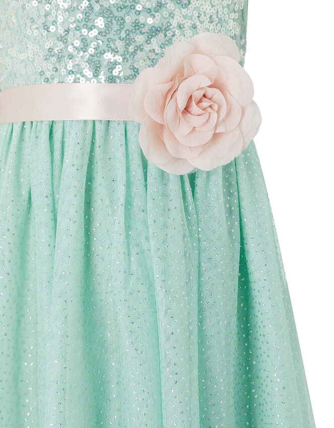 Sara Sequin Dress with Corsage Belt, Teal (DUCK EGG), large