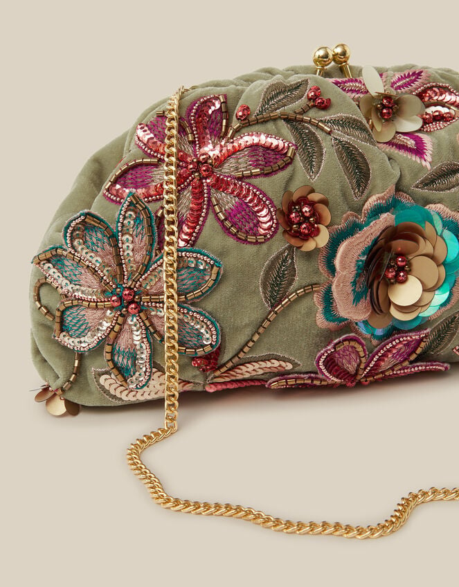 Eleni Floral Embellished Velvet Clutch Bag, , large