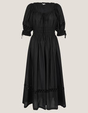 Riley Puff Sleeve Embroidered Midi Dress, Black (BLACK), large