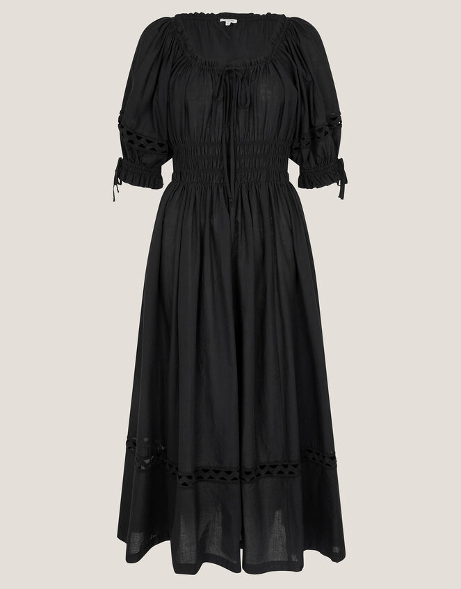 Riley Puff Sleeve Embroidered Midi Dress, Black (BLACK), large
