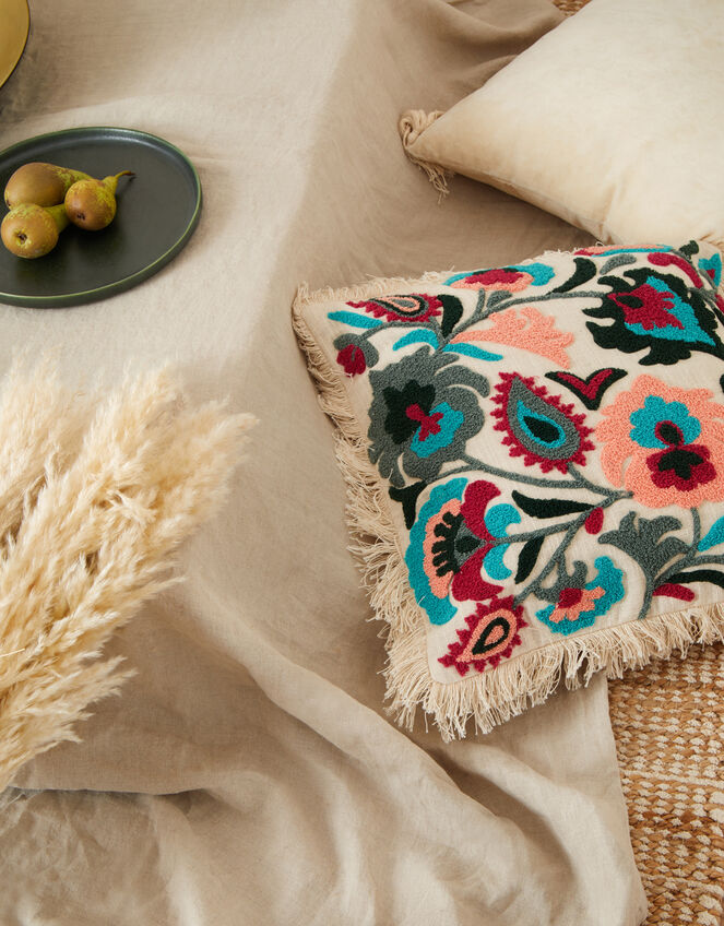 Embroidered Fringe Cushion, , large