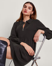 Zelda Zip Collar Mini Dress, Grey (CHARCOAL), large