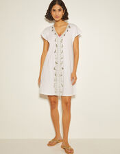 Jodie Tassel Beach Tunic Mini Dress, White (WHITE), large
