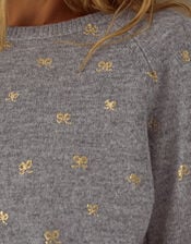 Fee Foil Bow Print Crew Neck Jumper, Grey (GREY), large