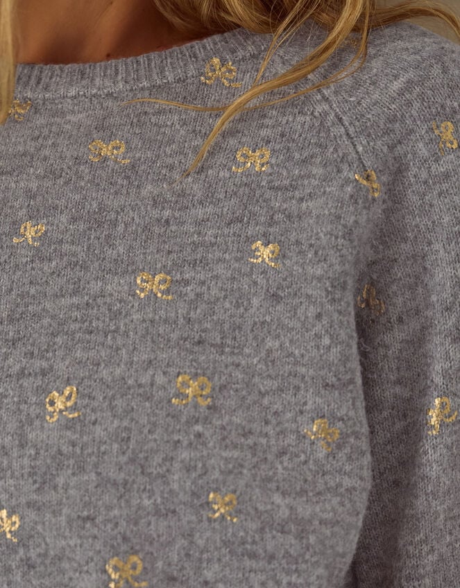 Fee Foil Bow Print Crew Neck Jumper, Grey (GREY), large