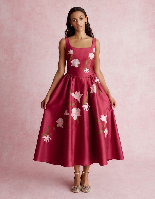 Anya Floral Embroidered Fit & Flare Midi Dress, Pink (PINK), large