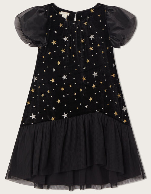 Star Velvet Ruffle Hem Dress, Black (BLACK), large