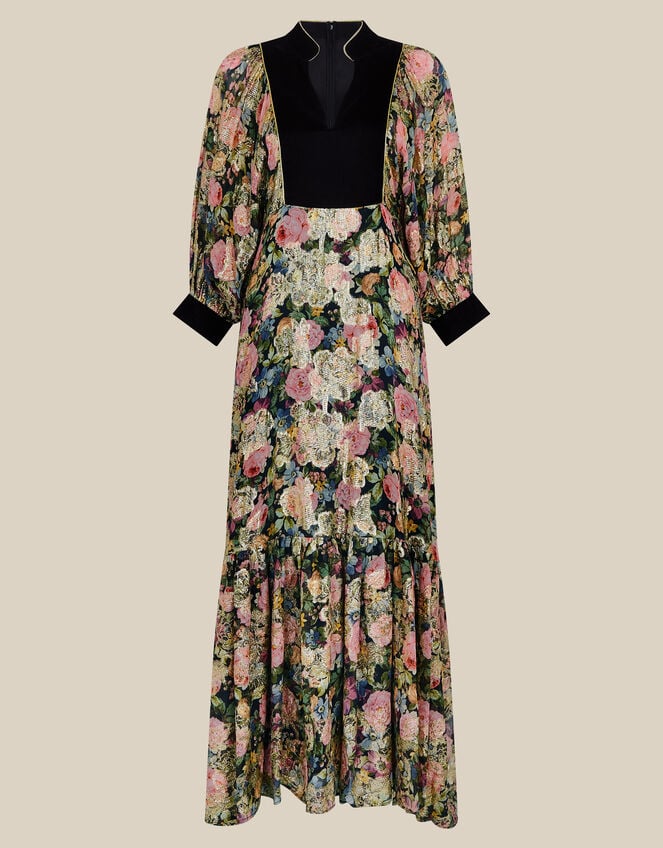 Monsoon x Queens of Archive Patti Velvet Bib Metallic Floral Jacquard Maxi Dress​, Black (BLACK), large