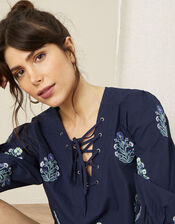 Embroidered Top in Organic Cotton, Blue (NAVY), large