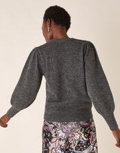Beaded Knit Cardigan with Recycled Fabric, Grey (CHARCOAL), large