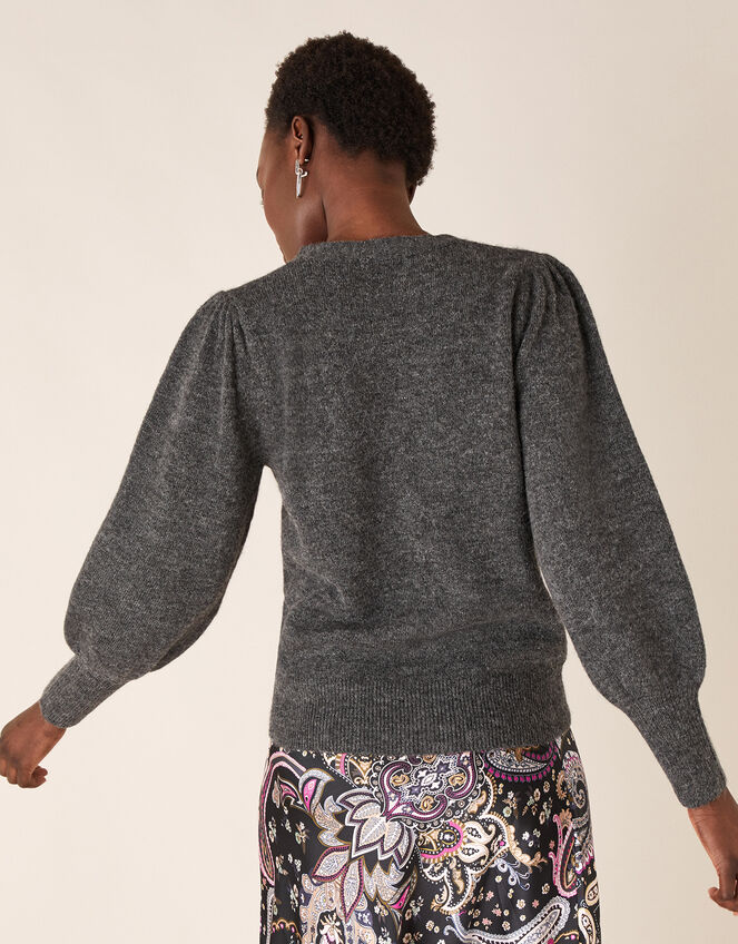 Beaded Knit Cardigan with Recycled Fabric, Grey (CHARCOAL), large