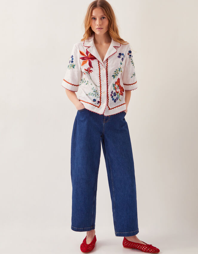 Delphi Floral Embroidered Cotton Shirt, White (WHITE), large