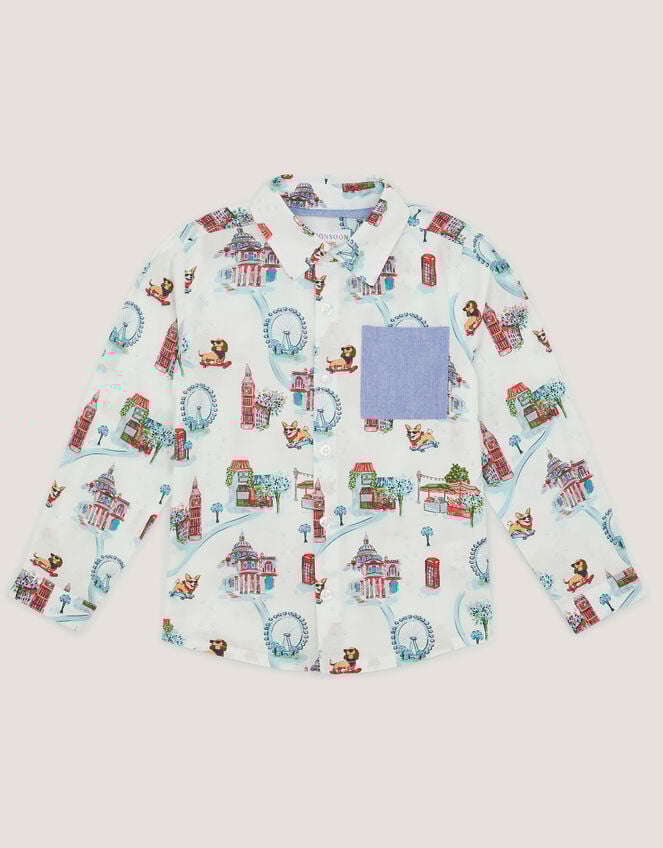 London Print Long Sleeve Shirt , White (WHITE), large
