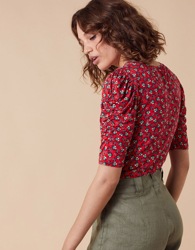 Printed Jersey Puff Sleeve Top, Red (RED), large