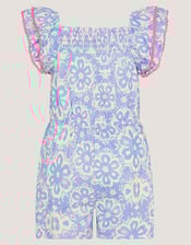 Batik Print Ruffle Playsuit , Blue (NAVY), large