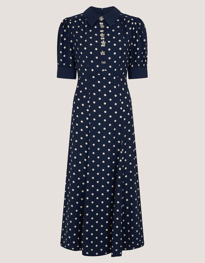 Kate Puff Sleeve Polka Dot Midi Dress Blue | Evening Dresses | Monsoon UK.