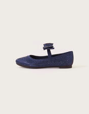 Satin Bow Ballerina Flats, Blue (NAVY), large