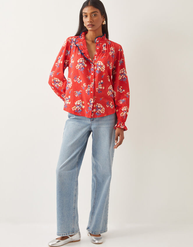 Sarah Frill Floral Print Shirt, Red (RED), large