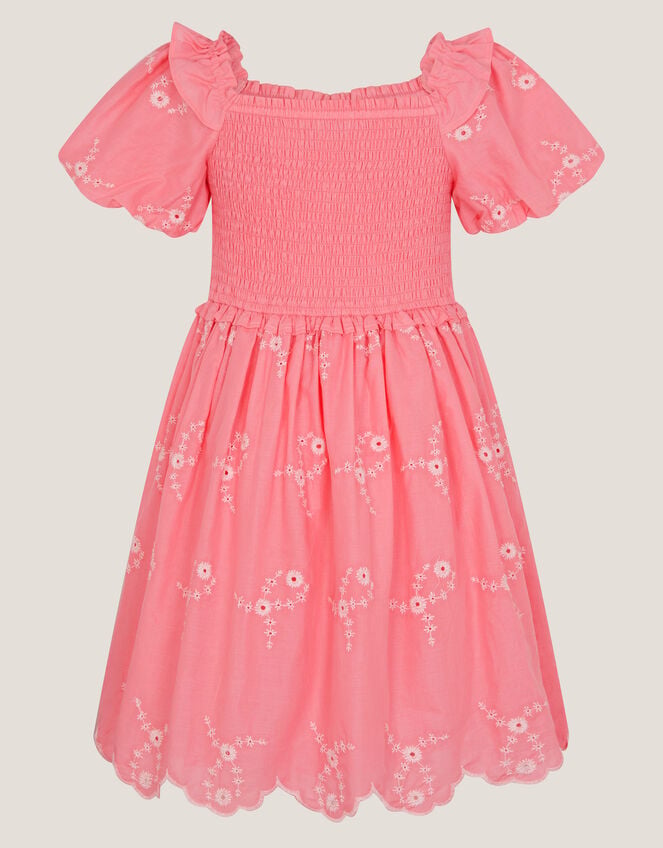Embroidered Puff Sleeve Smocked Dress, Pink (PINK), large