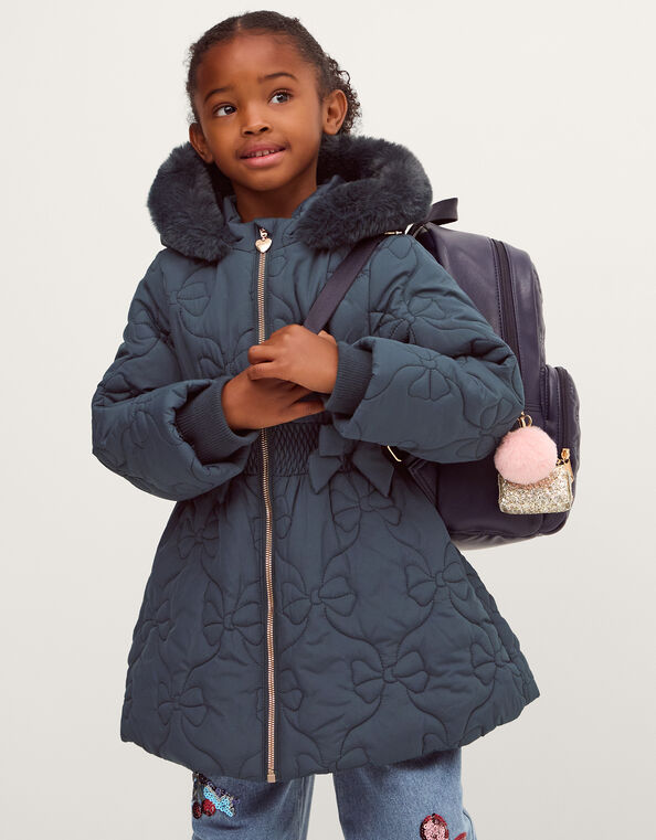 Bonnie Bow Quilted Puffer Coat, Blue (NAVY), large