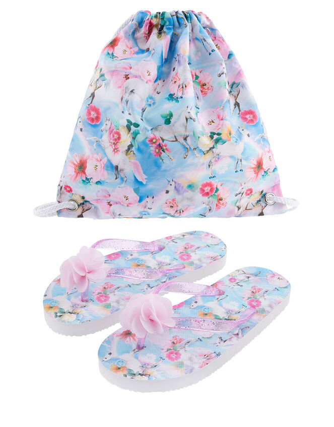 Unicorn Floral Flip Flop and Bag Set, Blue (BLUE), large