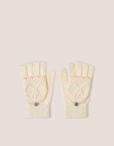 Diamond Fingerless Gloves with Mittens, Ivory (IVORY), large