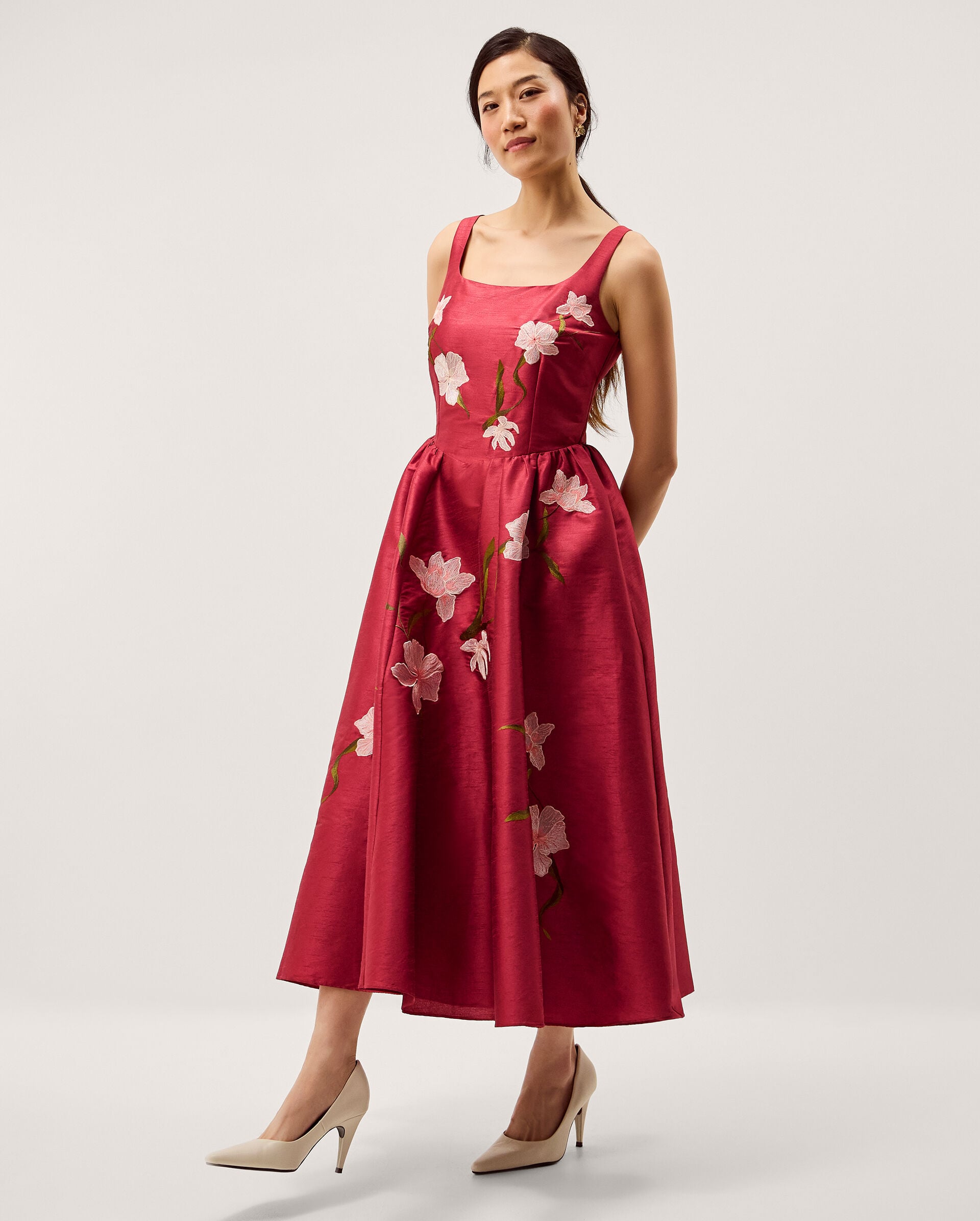 Anya Floral Embroidered Fit & Flare Midi Dress Pink