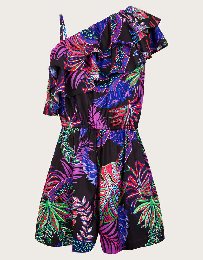 Tropical Print One-Shoulder Playsuit, Black (BLACK), large