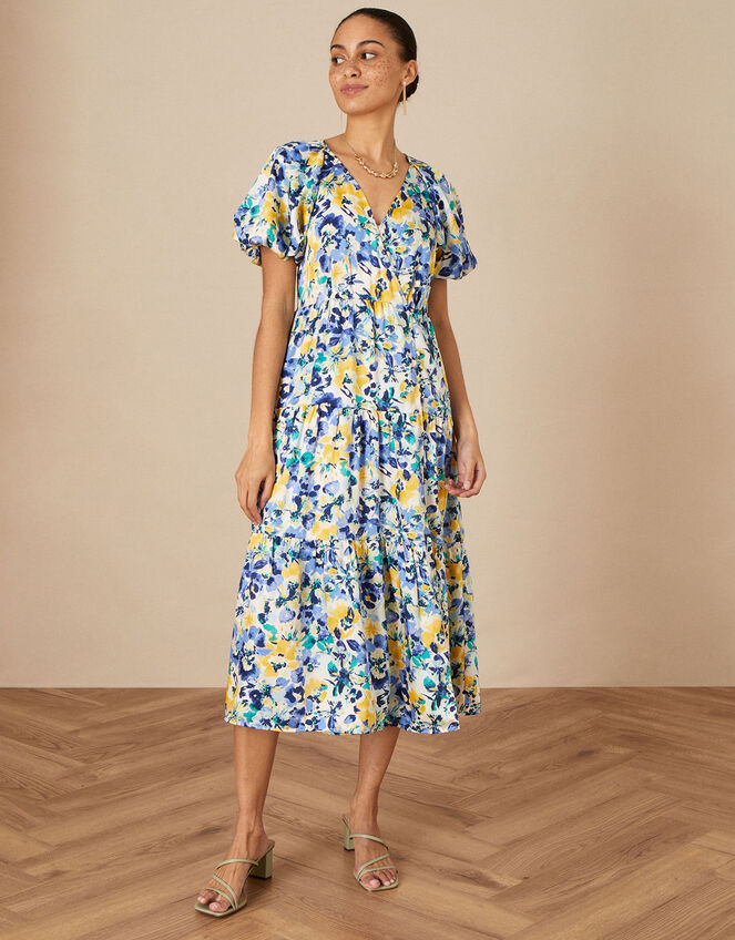 Floral Tiered Wrap Dress in Recycled Polyester, Blue (BLUE), large