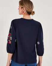 Embroidered Jersey Top, Blue (NAVY), large