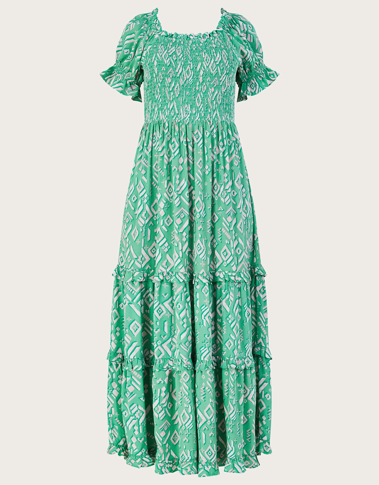 Gigi Print Bardot Maxi Dress in Sustainable Viscose Green Maxi