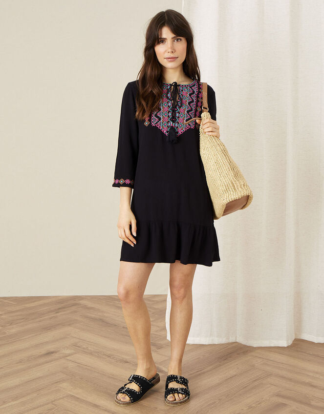 Embroidered Yoke Kaftan Dress, Black (BLACK), large