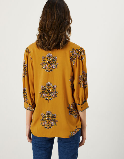 Floral Smock Crop Sleeve Blouse in LENZING™ ECOVERO™ , Yellow (OCHRE), large