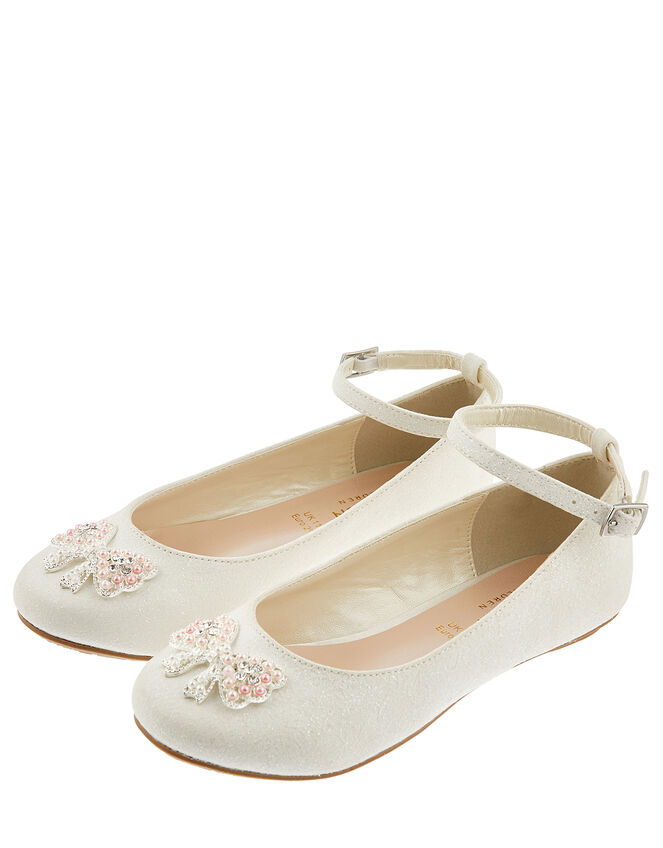 Kylie Crystal Bow Shimmer Ballerina Shoes, Ivory (IVORY), large
