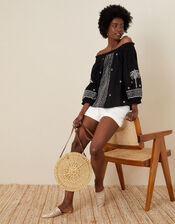 Palm Embroidered Off-Shoulder Top, Black (BLACK), large