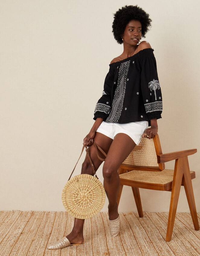 Palm Embroidered Off-Shoulder Top, Black (BLACK), large