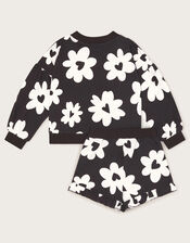 Floral Sweatshirt and Shorts Set, Black (BLACK), large