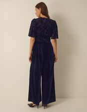 Nadine Floral Devor&eacute; Velvet Jumpsuit, Blue (NAVY), large