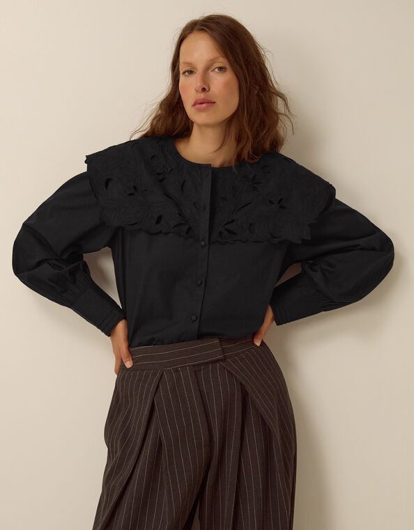 Eliana Embroidered Square Collar Shirt, Black (BLACK), large