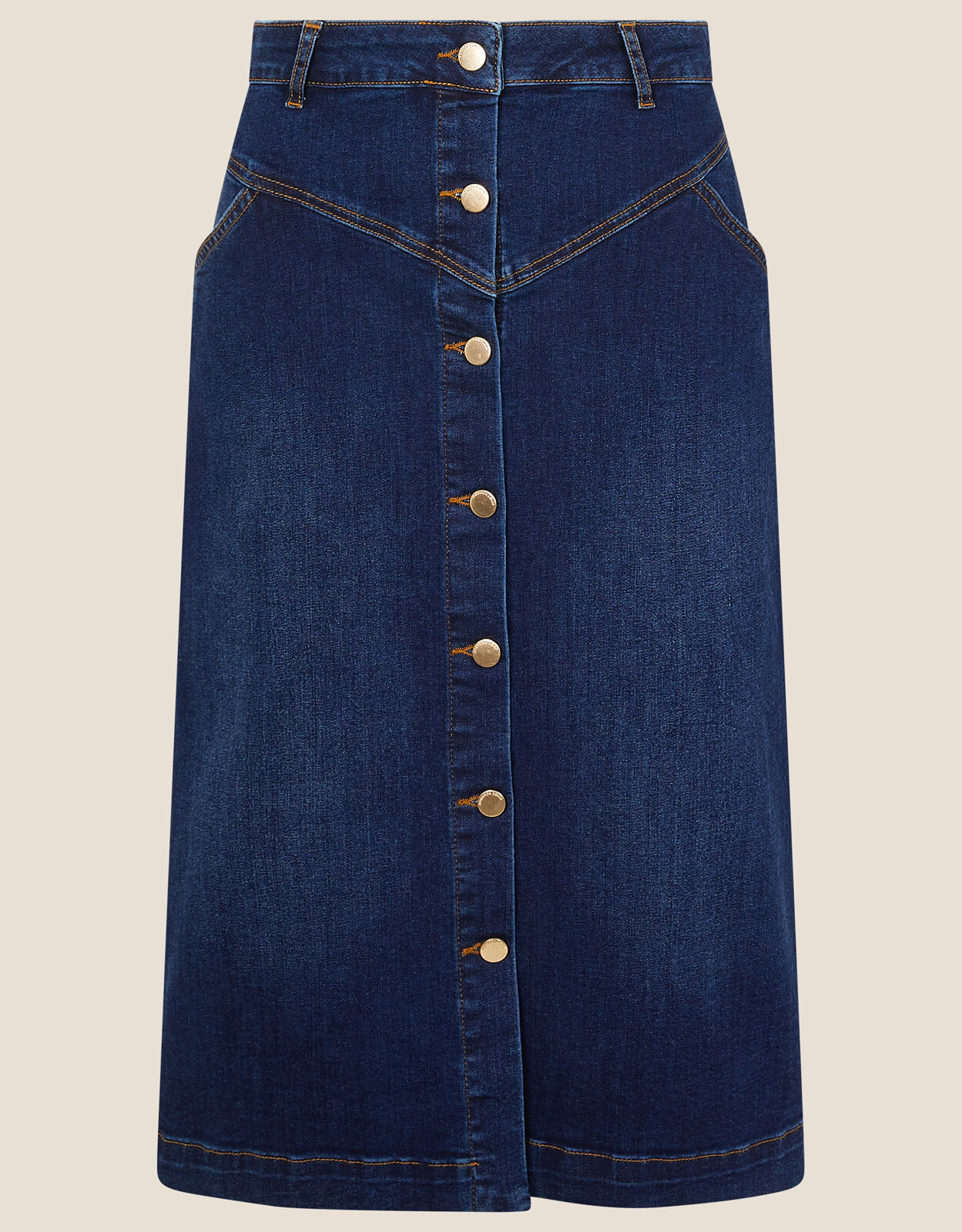 button front fishtail hem denim skirt