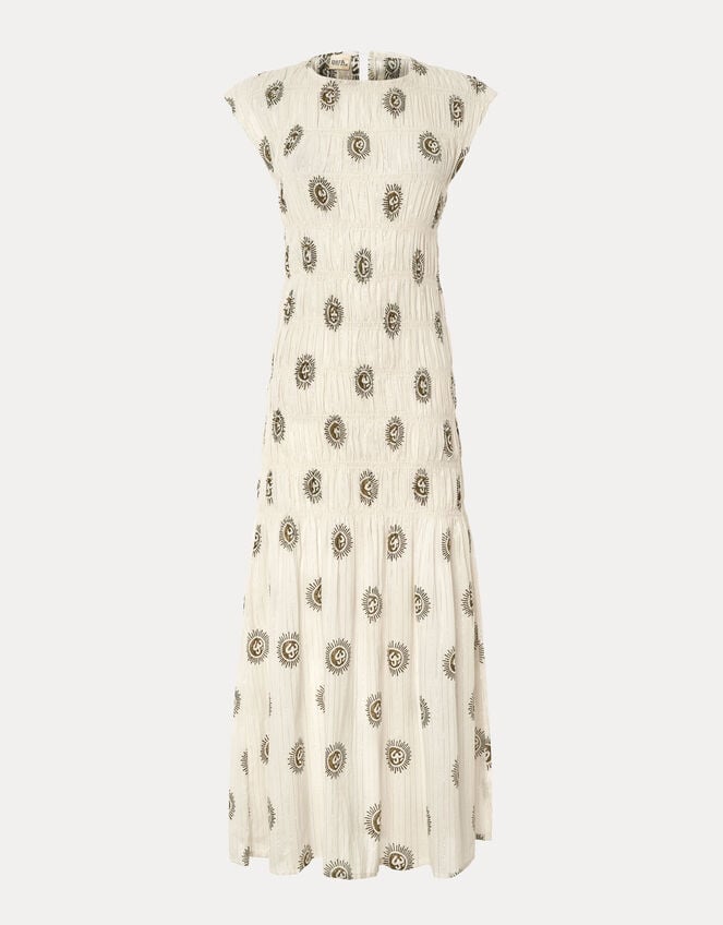 Par & Escala Bee Smocked Sun Print Maxi Dress, White (WHITE), large